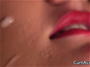 Wicked woman gets jizz flow on her face drinking all the cream